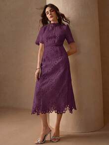 Elegant Back Zipper Round Neck Lace Patchwork Fitted Slim Luxury Dress For Women Summer - Purple - View 7