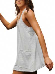 Women Athletic Mini Dresses Built-In Shorts Set Summer Sleeveless Sundress Hot Shot Mini Dress - 麻灰 - 查看 3