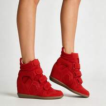 Women's 7cm High Top Hidden Wedge Sneakers. Suede Upper With Triple Straps, Retro Style, Comfy For Campus, Casual & Dressy Wear. - 紅色 - 查看 5