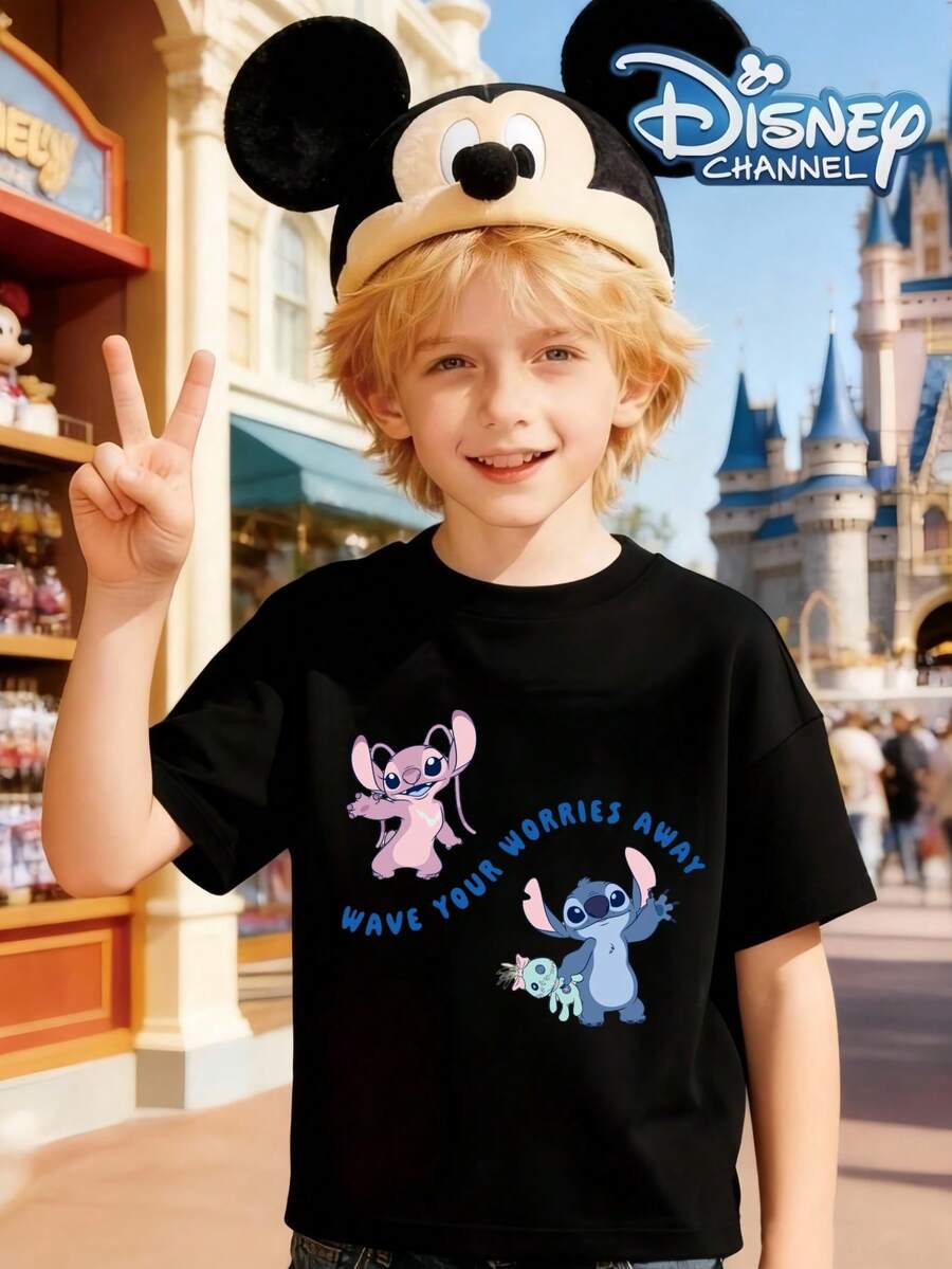 Disney 男童夏季休闲缝线图案T恤 - 黑色 - 查看 1