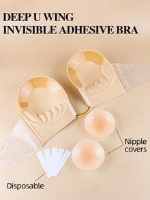1 Pair U-Shaped Invisible Adhesive Bras Comes With 1 Pair Silicone Nipple Covers And 5 Pairs Of Fashion Stickers Adhesive Strapless Push Up Bra For Women Hypoallergenic, Seamless Nude Backless Bra, Perfect For Wedding, Dress, Party - Cinnamon - View 3