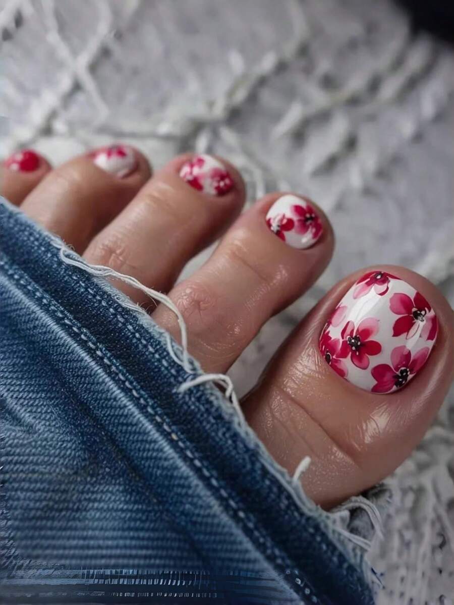 24pcs Small Red Flower Toenails Luxury Whitening Full-Coverage Toenail Set Suitable For Parties, Dances, And Daily Wear - Multicolor - View 1