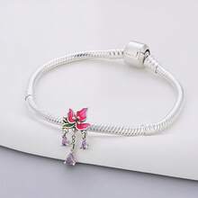 1 pièce Pendentif à fleur rose en cristal en argent sterling 925, avec émail et perle, convient pour bracelet, cadeau romantique de jardin pour femmes, bijoux floraux de printemps, pendentif à fleur rose pour bracelet et collier - Argent - Voir 4