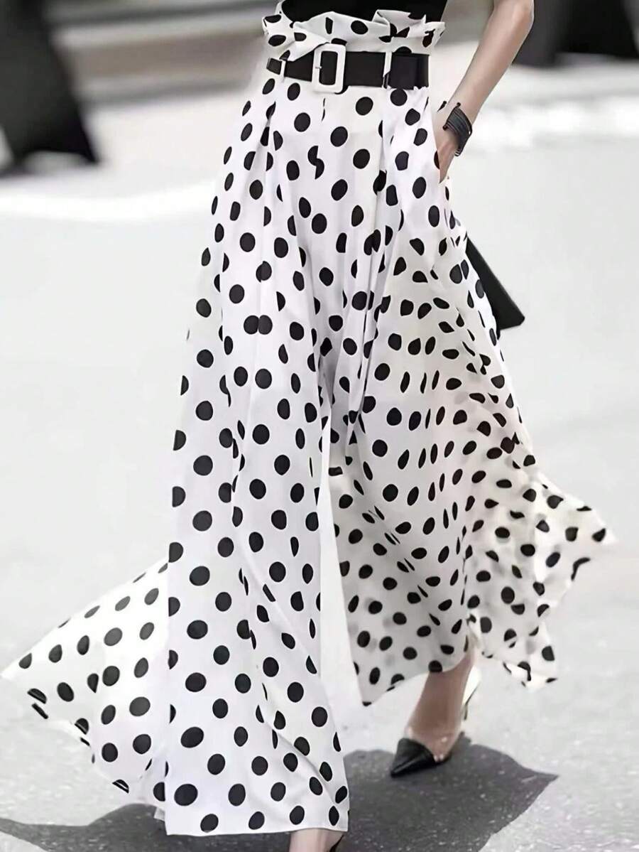 Women's Black Polka Dot High Waist Loose Flowy Maxi Pants Vacation - Black and White - View 1