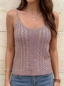 女士无袖罗纹针织吊带背心，常规长度，适合所有季节 - 藕粉色 - 查看 5