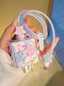 Bộ bảo vệ cáp dữ liệu hình hoạt hình Chibi dễ thương 5 món bằng TPU hình sóng sao, bảo vệ đầu sạc TPU, dây buộc gọn gàng, cuộn cáp, ống bọc cáp chống uốn cong, tương thích với bộ sạc nhanh Apple 18/20W, quà tặng mùa xuân Phục sinh. - Nhiều màu - Xem 1