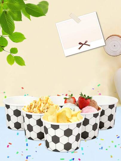 10 piezas/20 piezas/50 piezas Tazones de papel desechables con tema de fútbol/soccer - Patrón clásico de balón de fútbol/soccer en blanco y negro, tazas de servir resistentes para helado, palomitas, patatas fritas, helados, aperitivos y sopa, diseño resistente, excelente para fiestas deportivas, noches de juegos y celebraciones de cumpleaños