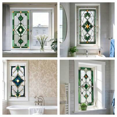 1/6 piezas Adhesivo de ventana con adsorción electrostática esmerilada, diseño simétrico de diamante de piedra preciosa artística. Pegatina de vidrio, vinilo decorativo para ventanas para decoración de interiores del hogar en sala de estar, dormitorio, cocina.