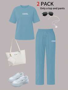 女士新款夏季两件套，个性化字母印花圆领短袖T恤搭配高腰抽绳直筒裤 - 天藍色5 - 查看 4