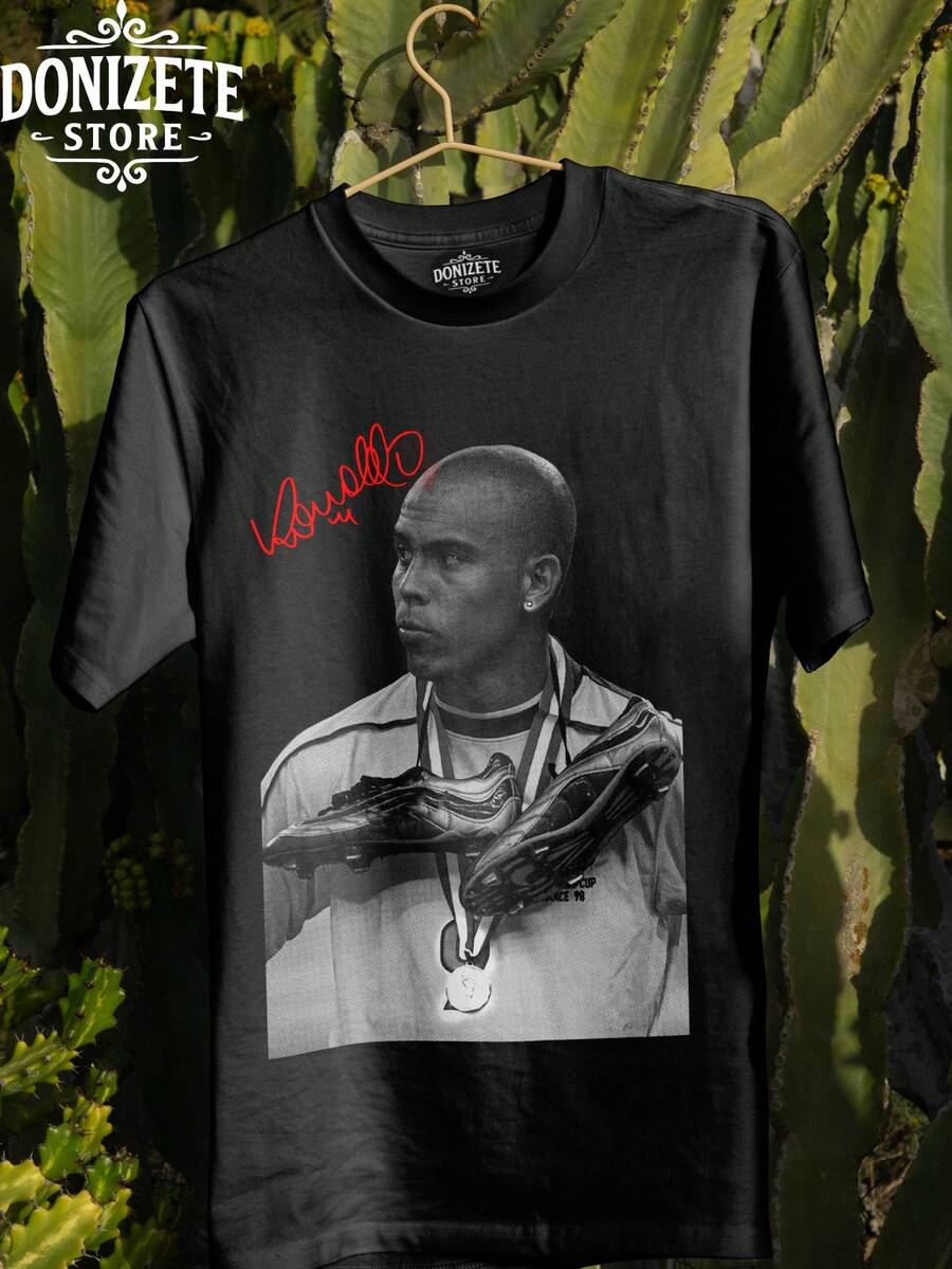 Ronaldo Fenômeno R9 T-Shirt, Brazil World Cup Hexa, 100% Cotton, Unisex Plus Size, Winter/Autumn Blouse - 黑色 - 查看 1