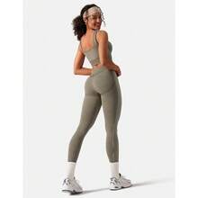 OLCHEE Womens Workout Sets 2 Piece Seamless Square Neck Sports Bra Padded Butt Lifting Leggings High Waist Yoga Gym Outfits - 橄欖綠 - 查看 6