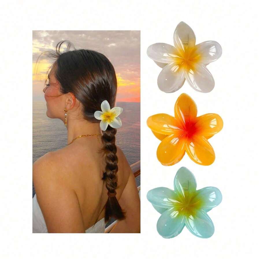 4pcs/1pc 7.5cm/2.95in Hibiscus Flower Jelly Color Hair Clips, White/Yellow/Pink/Blue, Lightweight Plastic Bathroom Hair Accessories, Suitable For Daily Outing, Casual, Party, Commute, Beach Holiday, Ponytail, Bun, Face Washing, Makeup, Outfit Matching Fashion Claw Clips Winter Hair Clutch Summer Vavay Holiday Essential - 多色-1 - 查看 1