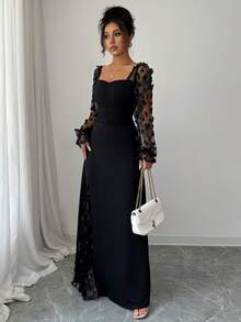 Lili House 女士长款碎花网纱连衣裙 - 长袖，收腰设计 | 优雅休闲，适合约会、晚宴、派对等场合 - 黑色 - 查看 7