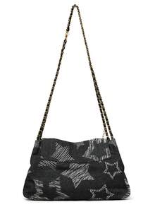 New Fashion Denim Crossbody Bag, Star Print Fabric, Adjustable Gold Chain Strap, Magnetic Closure, Lightweight Makeup And Lipstick Storage Pouch, Versatile For Daily Use And Gifts - Black - View 8