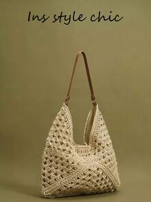 Questa borsa intrecciata in paglia nuova per la primavera/estate 2026 è di colore beige tinta unita, a spalla/a tracolla. Presenta una grande capacità, un design aperto e portatile, ed è sia elegante che pratica. Perfetta per uno stile rilassato e pronto per le vacanze, ideale per lo shopping, i viaggi e le passeggiate tranquille. - Beige - Visualizzare 7