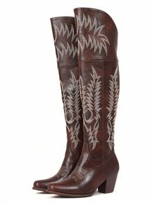 Classic Women'S Over-Knee High Boots Embroidery Design Pointed Toe Chunky Heel Shoes Vacation Party Music Festival Outdoor Spring/Autumn Cowgirl Boots Dark Brown Boots - 棕色 - 查看 8