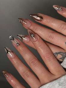 24pcs Almond-Shaped Ombre Brown Medium Length False Nails Set, Decorated With Gold Foil Sunshine And Asymmetrical Line Designs, Accented With Elegant Pearls And Rhinestones - Gold - View 1
