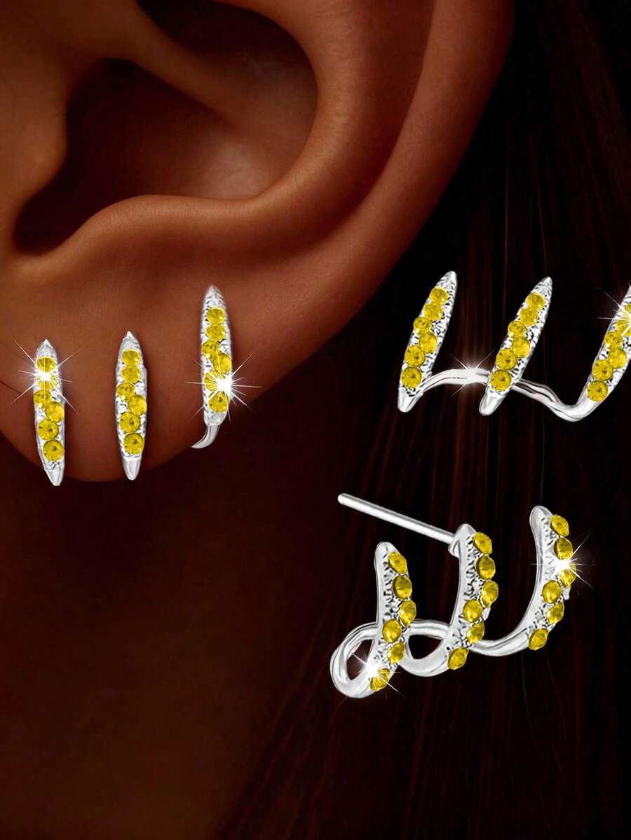 2 Buah Anting-Anting Melengkung Berlapis Desain Minimalis Bertabur Berlian untuk Wanita - Kuning - View 1