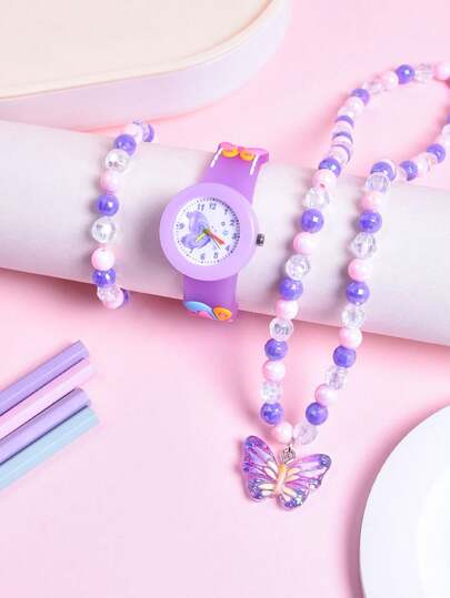 3pcs/Set Girls' Gift Set: 360° Rotatable Dial Children's Quartz Watch, Acrylic Princess Butterfly Necklace & Bracelet Jewelry Set
