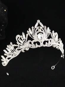 1pc Fashionable Silver Water Drop Glass Bride Crown Alloy Wedding Hair Accessory, Suitable For Women's Holiday, Birthday, Party - Silver - View 6