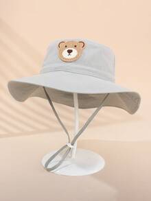 1 pieza Sombrero de ala ancha beige para niños, parche de oso lindo, tela suave y transpirable, cordón ajustable, adecuado para juegos al aire libre y campamento diarios - 1PC - Ver 13
