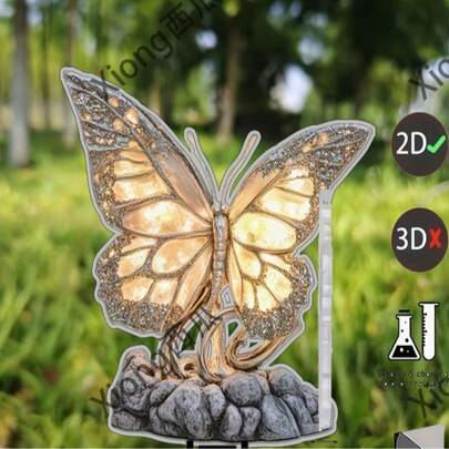 2D平面，1个永恒之光蝴蝶地插，亚克力材质，防风防水，带发光羽毛设计，适合户外装饰，可用于墓碑、复活节和母亲节装饰，四季皆宜的纪念牌匾，夜光花园装饰