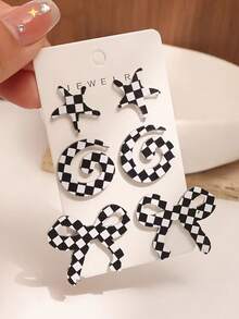 6件套时尚黑白格纹海星、蝴蝶结、花朵、三叶草、水滴造型耳环，适合日常佩戴 - 彩色 - 查看 12
