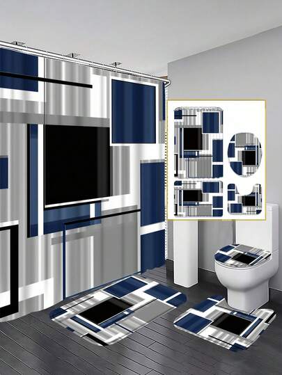 Bộ rèm tắm 1/4 món với họa tiết hình học phối màu theo phong cách Mondrian. Mang hơi hướng tối giản hiện đại hoặc công nghiệp, bộ sản phẩm này vừa chống thấm nước vừa bền chắc. Bộ sản phẩm bao gồm 12 móc treo, cùng với nắp bồn cầu, thảm tắm và thảm trải sàn đồng bộ. Được làm từ vải tổng hợp chất lượng cao, bộ sản phẩm có thể giặt được và chống nấm mốc, là lựa chọn hoàn hảo cho các dịp lễ hội, trang trí nhà cửa, phòng ngủ, không gian sống hiện đại và phong cách mùa hè.