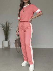 2pcs/Set Women's Casual Matching Contrast Color Round Neck Short Sleeve Top And High Waist Drawstring Straight Leg Pants, Spring/Summer - Pink - View 3