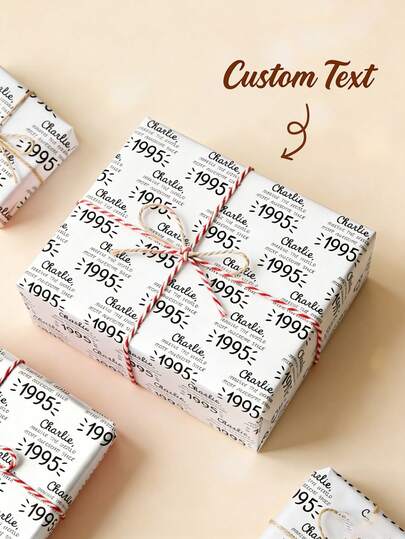 Papel de regalo personalizado con cualquier nombre y año, papel de regalo de cumpleaños elegante blanco y negro, perfecto para decoraciones de fiesta de cumpleaños, suministros de aniversario, regalos de cumpleaños para niños, regalos de aniversario para novio/novia, regalos del Día de San Valentín