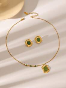 一套不锈钢项链和耳环首饰套装，搭配绿色天然宝石项链和耳环，奢华低敏几何项链和耳环套装 - 金色 - 查看 3