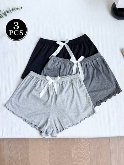 Bộ 3 quần short nữ màu trơn, cạp chun, viền bèo, thoải mái, thích hợp mặc nhà ngủ, tập luyện - Hoàn hảo cho chạy bộ và tập thể dục.