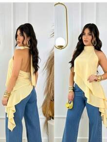 Women's Blouse With Elegant High Neck, Asymmetrical Band, Double Ruffle, And Draped Fit. - Light Yellow - View 2