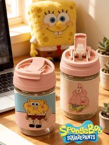 SpongeBob SquarePants 400毫升方裤系列情侣水瓶，二合一设计，带提手，防漏，适用于办公室、露营、居家、学校，可作为女友礼物、生日礼物、圣诞礼物、旅行礼物、观光礼物、健身礼物，多种款式可选，可作桌面水杯，日常使用，适合教师节、周年纪念日、生日礼物、女士礼物，需自行组装 - 彩色 - 查看 1