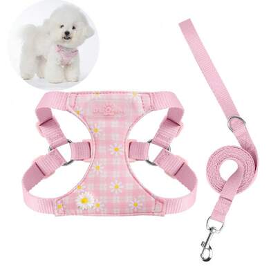 Pet Harness Leash Set - Pink Plaid With Daisies, Adjustable Buckles, Comfortable For Easy On/Off Buckle For Teacup Dogs, Maltese, Chihuahua