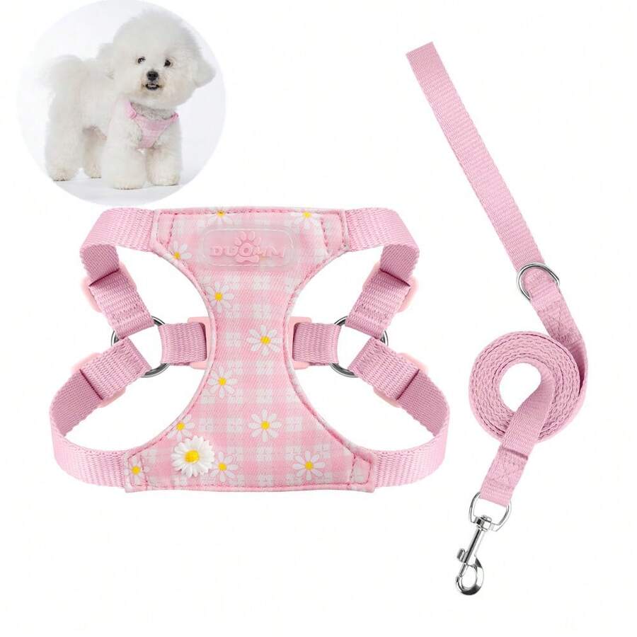 Pet Harness Leash Set - Pink Plaid With Daisies, Adjustable Buckles, Comfortable For Easy On/Off Buckle For Teacup Dogs, Maltese, Chihuahua - Pink - View 1