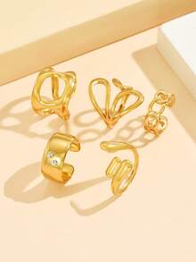 5pcs/Set Fashionable & Elegant Multi-Element Open Ring Set, Stainless Steel Hollow Geometric Chain Rings, Waterproof & Fade-Resistant Daily Wear Jewelry For Women - Multiple Elements - View 4