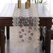 HXARTMIS 1pc Elegant Lace Rose Embroidered Edged Table Runner, Vintage Lace Mesh Table Decor, Romantic Floral Dining Table Decoration Suitable For Restaurant, Kitchen, Wedding, Party, Home Decor, Mother's Day, Valentine's Day, Father's Day Holiday Themes - Brown - View 1