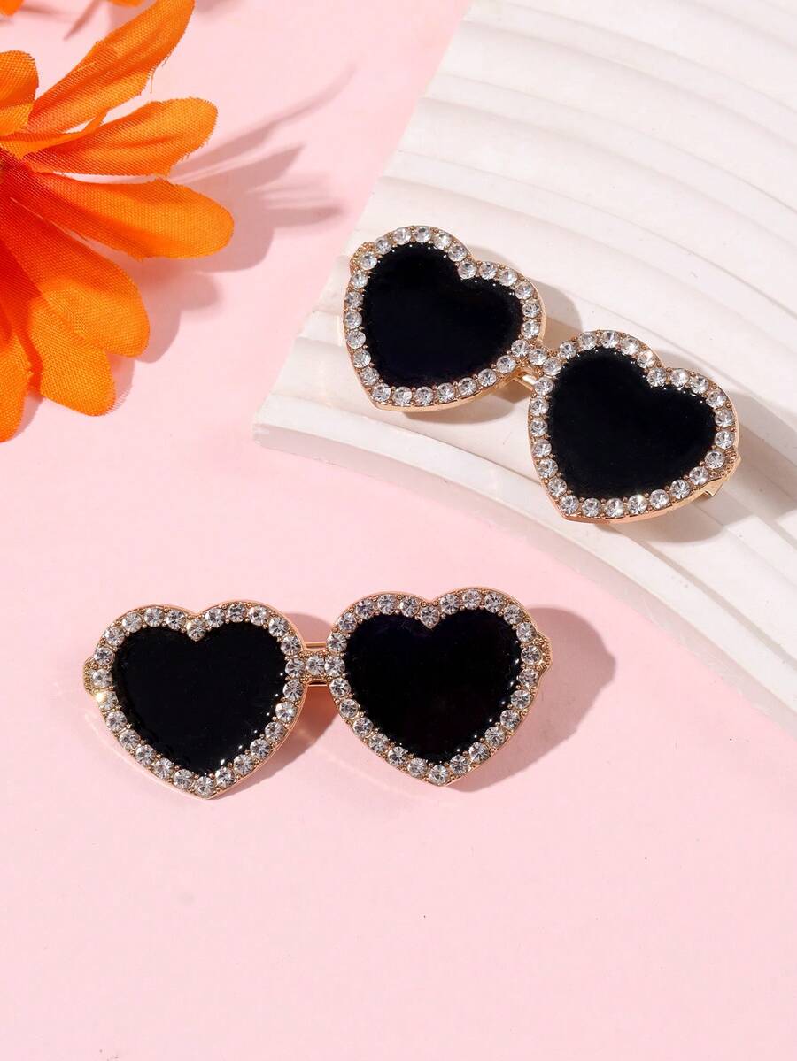 2pcs Rhinestone Heart Shiny Hair Clips For Girls, Heart-Shaped Hair Clips - Black - View 1