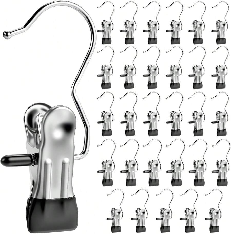 Clothes Pins 30-Pack Laundry Hook Hangers Clothes Hanger Clips For Closet Organizer Socks Towels Clips Heavy Duty Clothespins Bulk Clothes Hanger Clips For Wardrobe Travel Pants Socks Handbag - Black - View 1