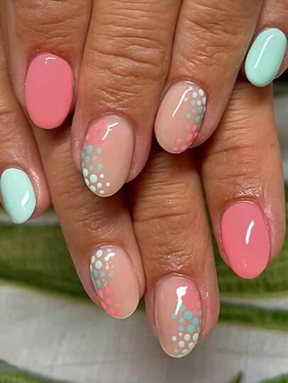 24 móng tay giả ngắn hình bầu dục, màu sắc tươi sáng và rực rỡ, thiết kế chấm bi tối giản, phụ kiện mùa hè tươi mới.