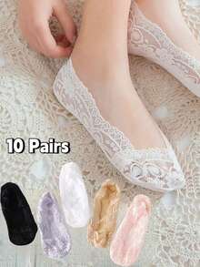 5 Pairs Women's Lace Trim Shallow Socks: Silicone Non-Slip, Korean Hollow Thin Invisible Socks, Lace Socks, Loafers, High Heels, Elegant Women's Shoes, Sandals, Heels, Fun Socks, Spring/Summer/Autumn Shallow Socks - Multicolor - View 22