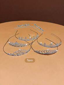 5pcs Gold Crown Fashionable Sweet Style Tiara, Suitable For Performance And Birthday Party, Affordable Hair Accessories - Silver - View 5