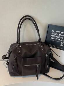 1个深棕色荔枝纹大容量手提包，多拉链口袋设计，可转换手提/斜挎，复古机车风格，多功能通勤/上学包，女士 - 咖啡棕 - 查看 2