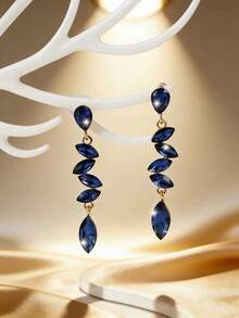 1 Par de Brincos Longos Elegantes com Aplicação de Strass para Mulheres, Adequado para Uso Diário - Azul 636 - Visão 5