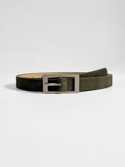1pc Olive Green Square Buckle Casual Retro Elegant Street Style Women's Skinny Belt, Suitable For Dresses, Skirts, Jeans, Daily, Work, Party, Holiday