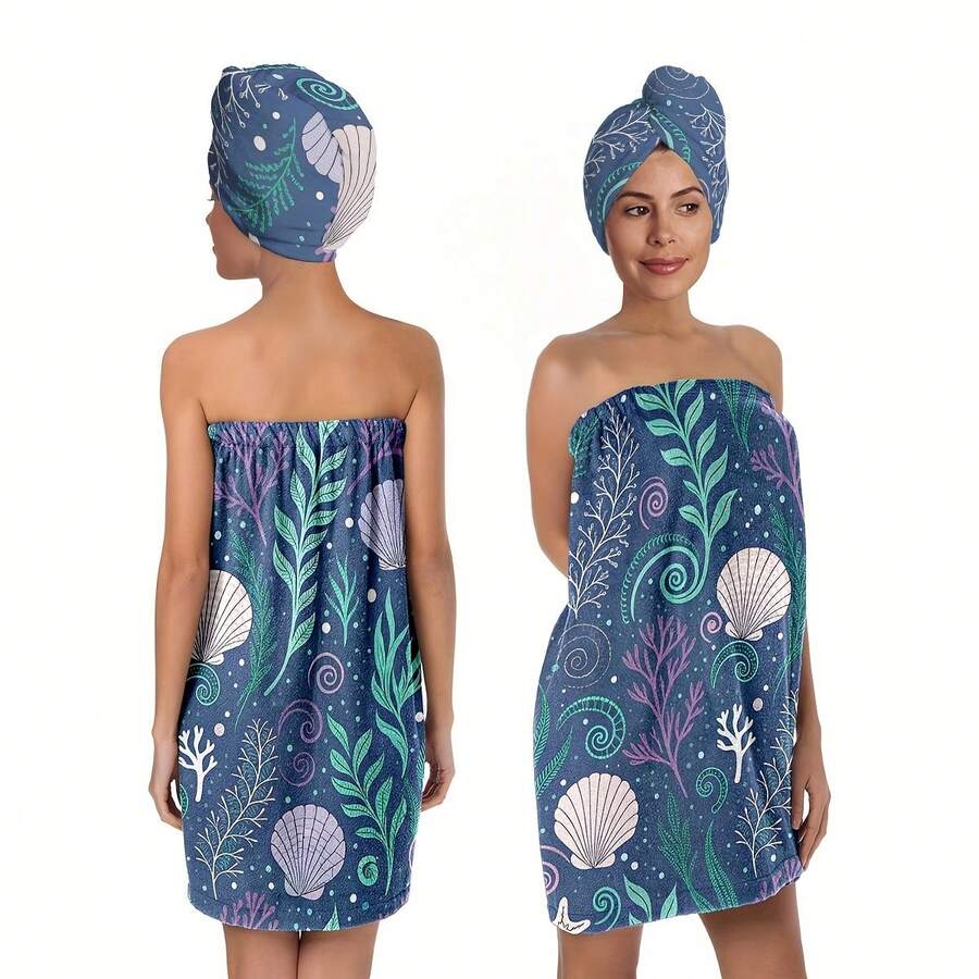 2 chiếc khăn tắm mặc được làm từ rong biển và vỏ sò, áo choàng tắm nhanh khô, khăn tắm dài, phụ kiện phòng tắm, váy xông hơi cho nữ, đồ dùng phòng tắm - Nhiều màu - Xem 1