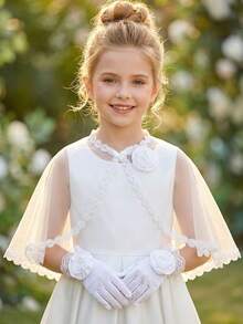 2pcs/Set Girls' White Floral Shawl + White Floral Satin Gloves, 2-Piece White Princess Style Shawl, Wedding Photography Prop, Wedding Decoration, Party Photo Booth Prop, Wedding Supplies - 2PCS - View 3