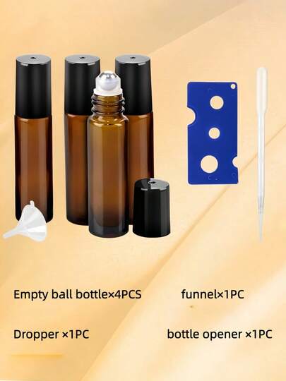 1 Set (4 Amber Glass Refillable 10ml Roll-On Bottles, 1 Funnel, 1 Dropper, 1 Opener) With Stainless Steel Roller Balls And Caps, Suitable For Travel, Perfume And Lip Gloss