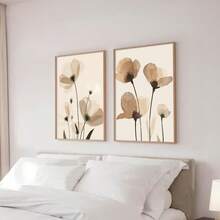Neutral Floral Dining Room Wall Art Set Of 2, Modern Abstract Flower Poster Print, Minimal Beige Botanical Home Decor, No Frame - Flower - View 1
